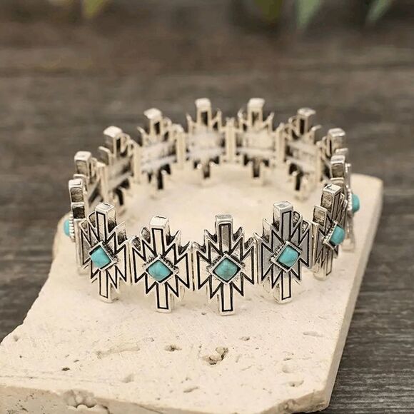 Western Boho Turquoise Cross Stretch Bracelet - Picture 4 of 5